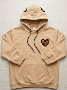 Men's Crewneck Hooded Sweatshirt in Beige with Heart Embroidery